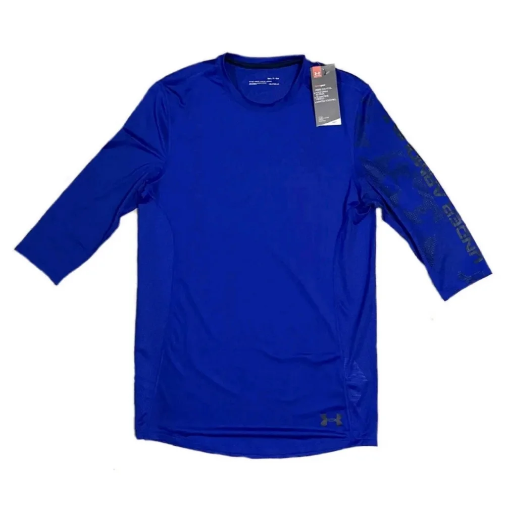 UNDER ARMOUR Shirt Training Heat Gear Fitted Blue Running 3/4 Sleeve Mens Small - Picture 1 of 4